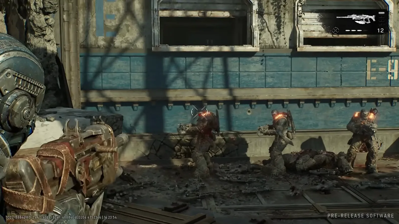 Over-the-shoulder Breechshot aim down a rail yard lane at three Imulsion-glowing Locust drones, the lever-action stock and iron sight visible in the lower frame