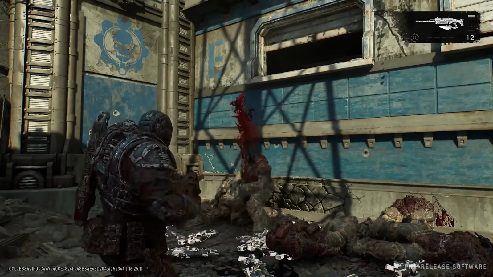Breechshot axe execution aftermath with a blood column erupting from a downed pale Locust among fresh shell casings and earlier kills