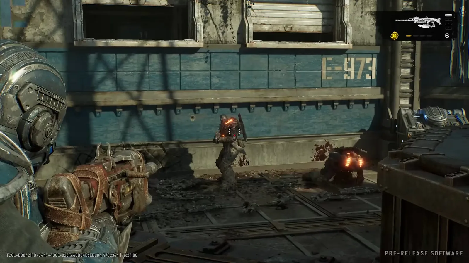Breechshot hit marker flaring over a staggered Locust's head mid-aim while a second burning drone crawls in from the right of the rail car