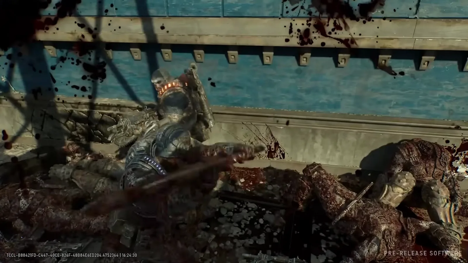 A Gear wrenching the Breechshot's blade through a downed Locust in the halving melee animation, blood spraying across a rail yard platform