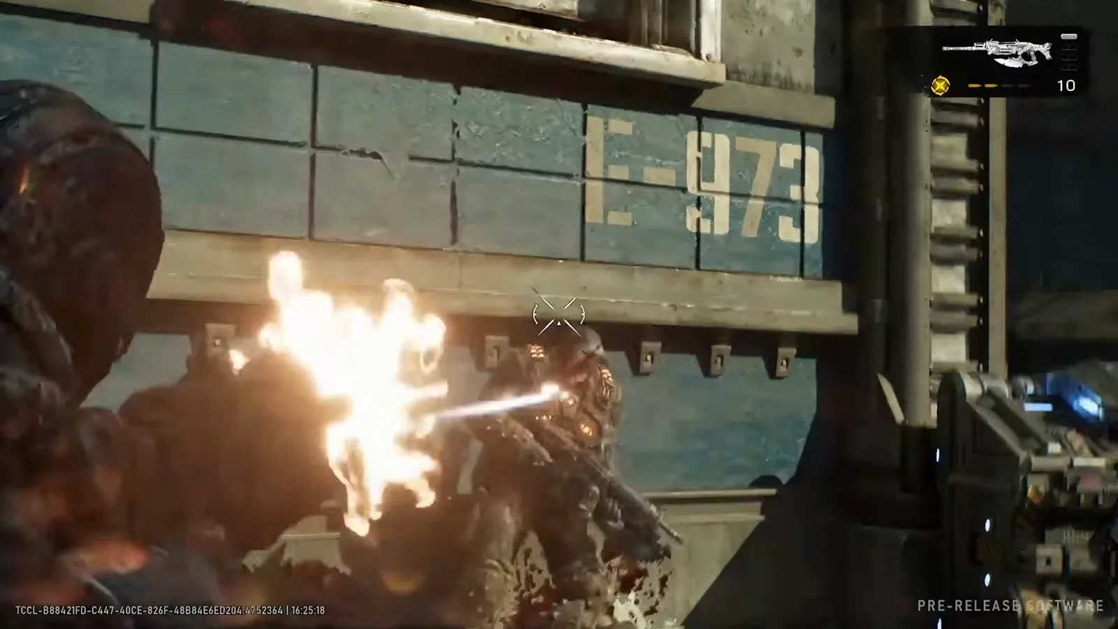 Breechshot muzzle flash tearing into a Locust at point-blank range beside a blue rail car, blood misting off the target as the tracer streaks home