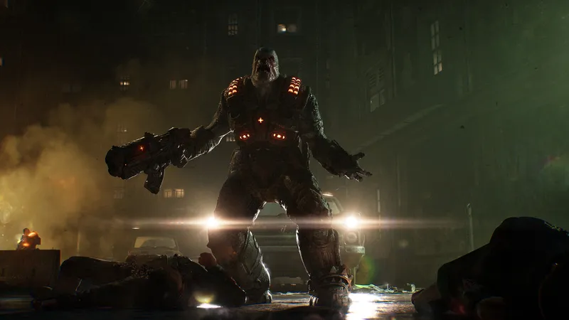 A towering Locust with glowing orange accents looms over a fallen COG soldier on a burning street at night