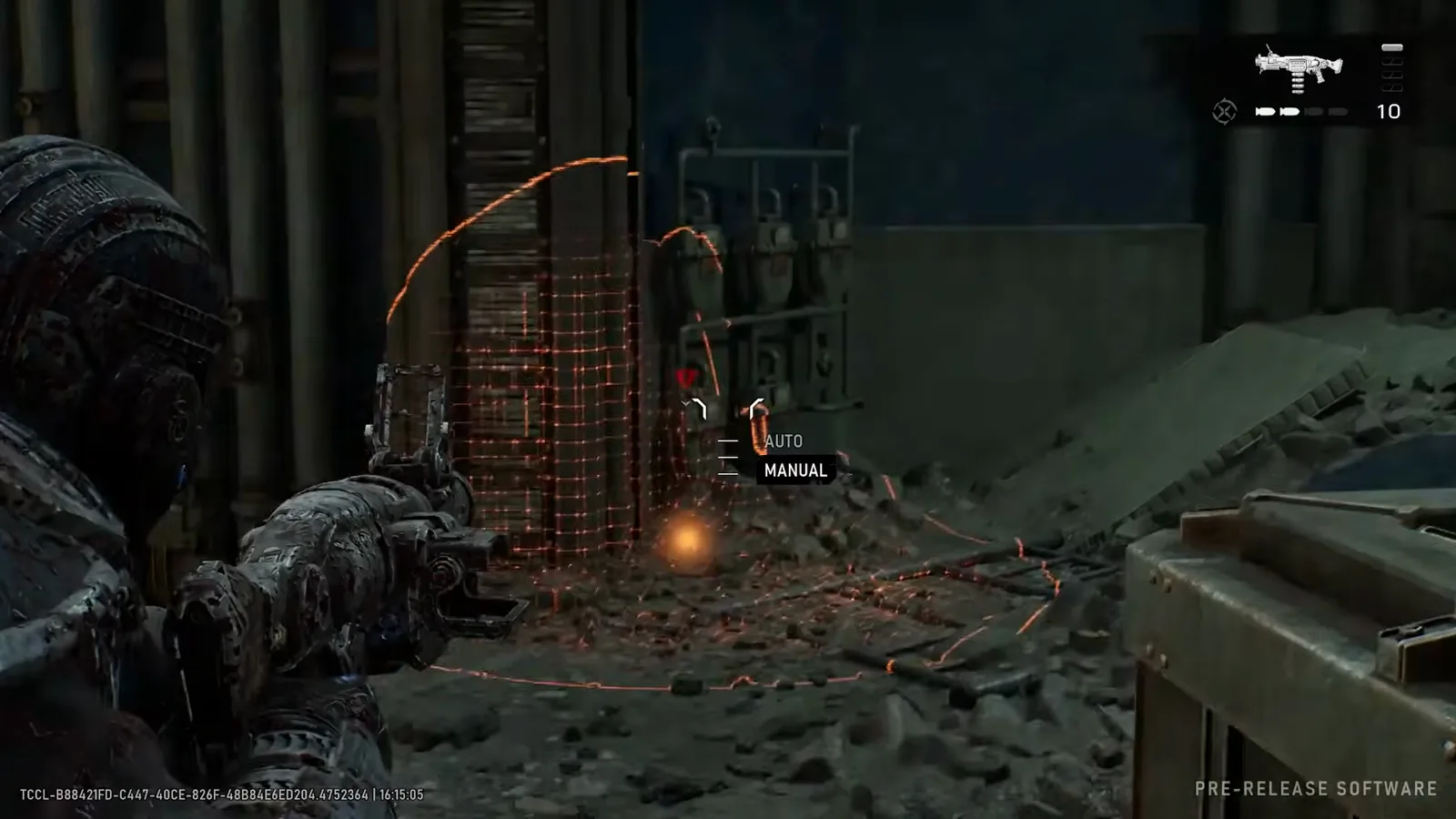 A landed Gut-Puncher round wrapped in a red wireframe detonation zone on the ground with the AUTO MANUAL mode tag floating beside it