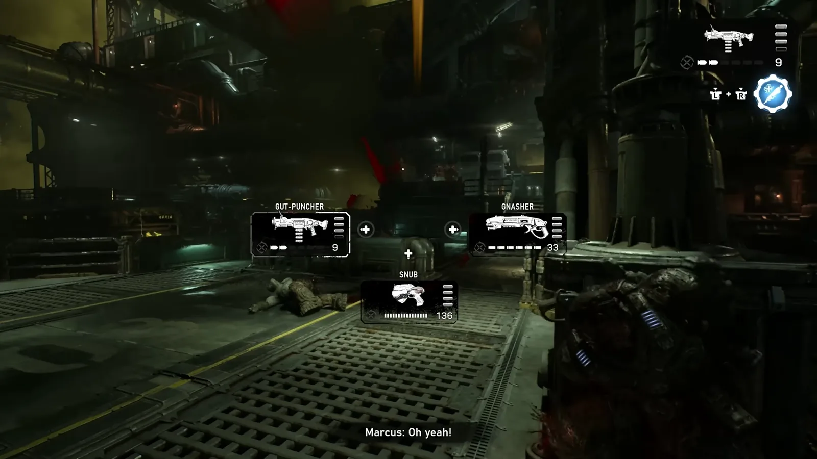 The white GUTPUNCHER weapon title card flashing over a refinery corridor the moment the launcher is picked up, weapon swap cards for the Gnasher and Snub Pistol behind it