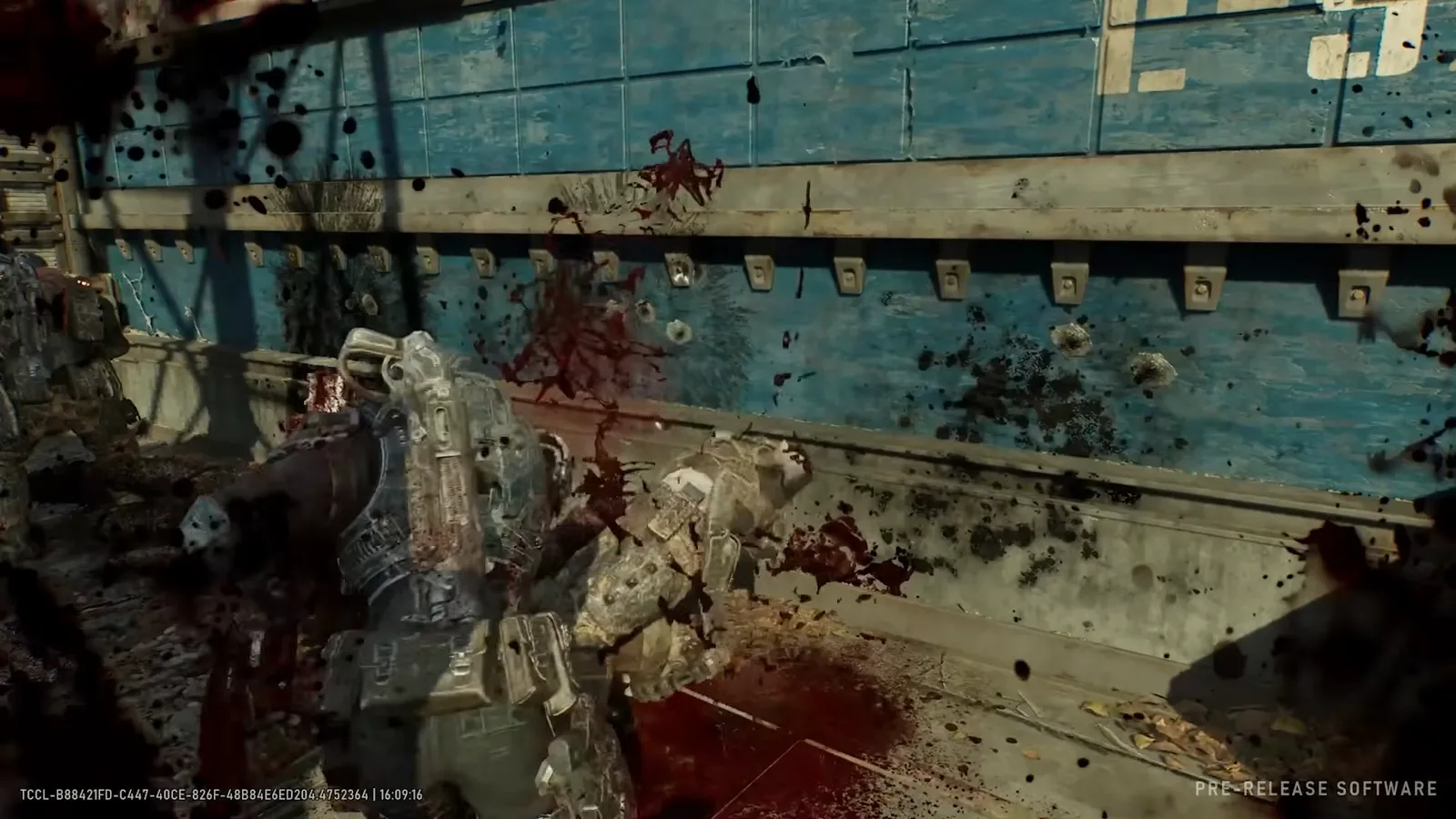 A Gear finishing a downed pale Locust against a bullet-scarred container wall, blood spraying from the Incinerator's blade execution
