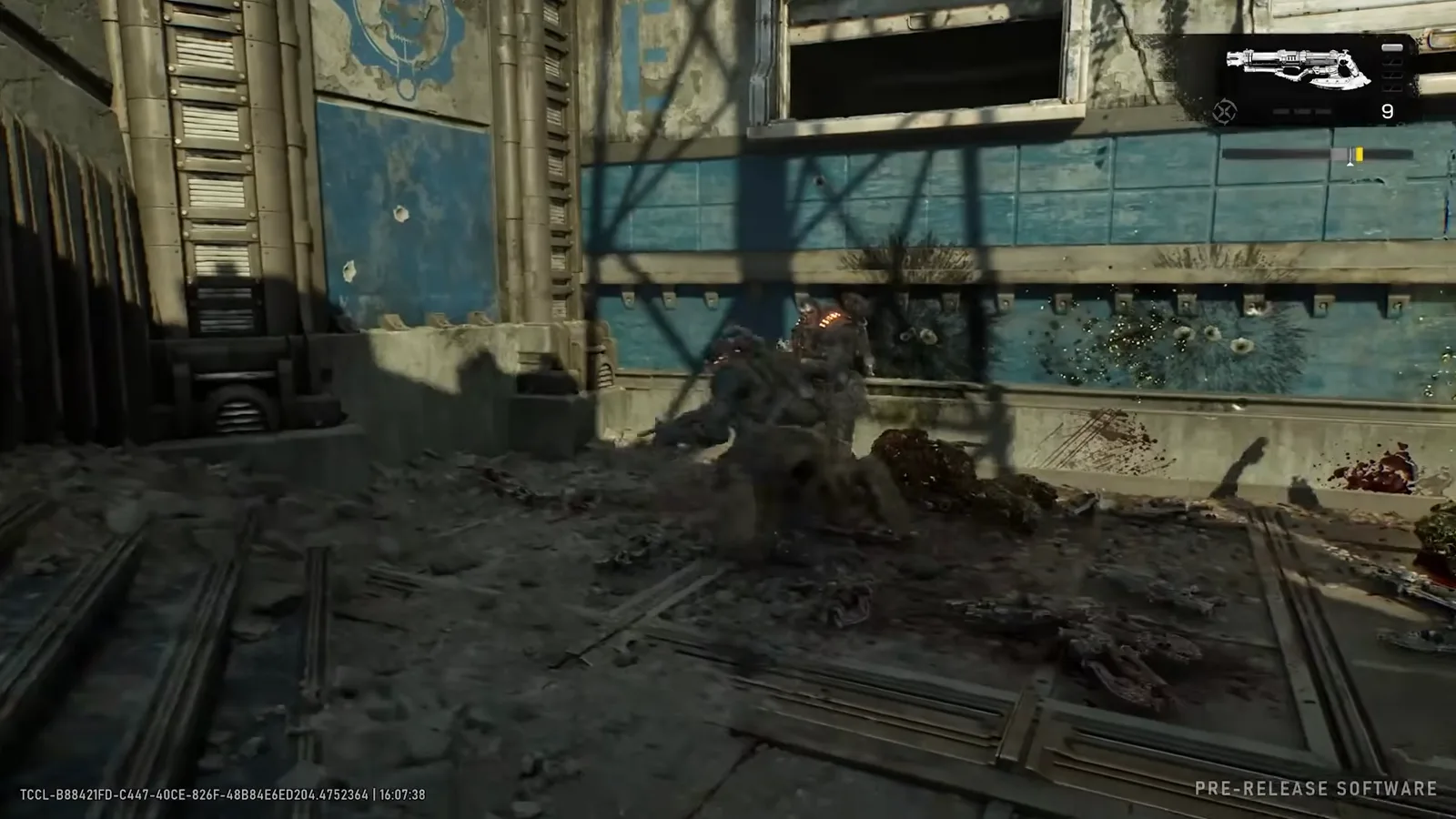 A pile of burned Locust corpses heaped against a rail yard wall with two more glowing targets advancing through the smoke