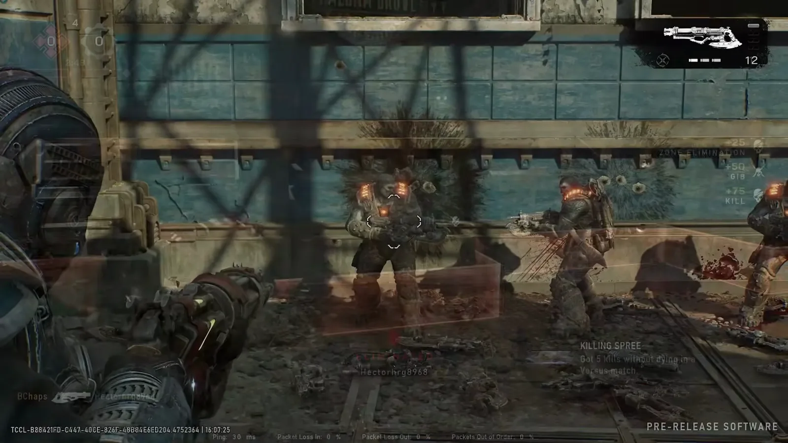 Two Imulsion-coated Locust glowing orange behind a rail car while the player holds the Incinerator at the ready, its HUD icon showing twelve shells remaining
