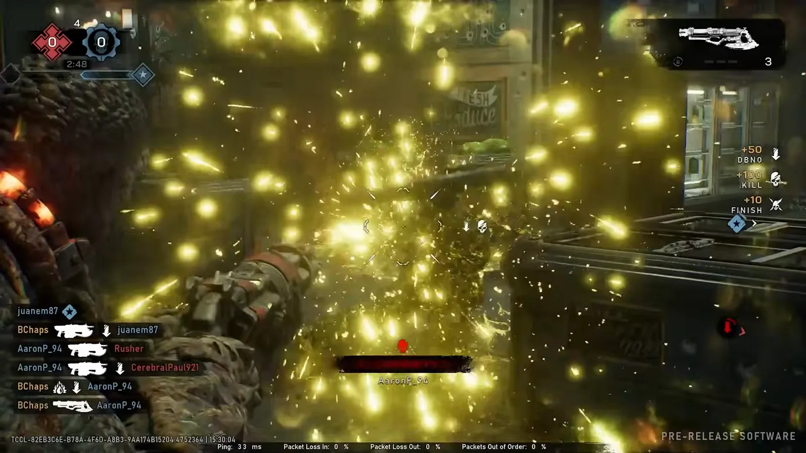 The Incinerator's golden Imulsion spray erupting mid-air over a Versus street with the kill feed showing a down, a kill, and a finish from a single burst