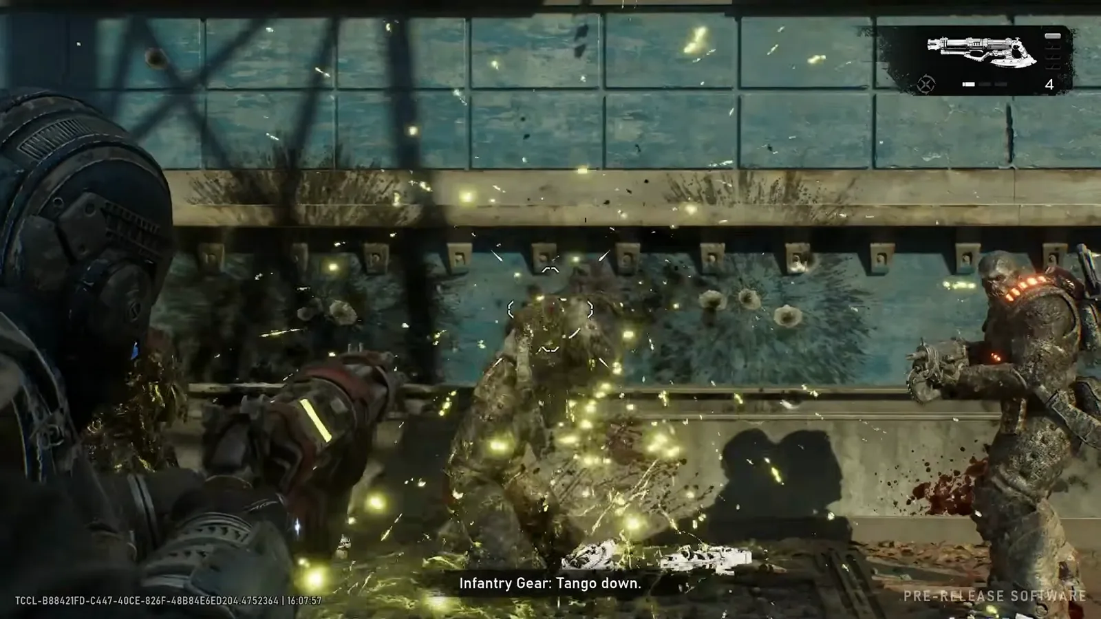 The Incinerator's golden spray hammering a lunging Locust at close range with sparks flying across a rail car corridor, another burning drone on the right