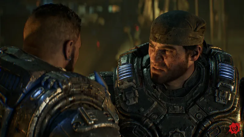 A COG soldier punches a pale Locust drone mid-melee as a burning vehicle fireball erupts behind them on a dark street