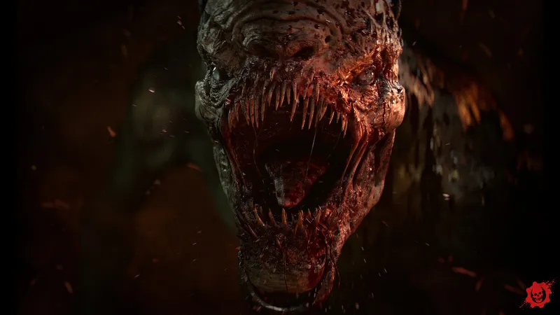 A grotesque pale Locust monster lunges at the camera, needle-filled jaws wide, lit by embers in a dark fiery cavern