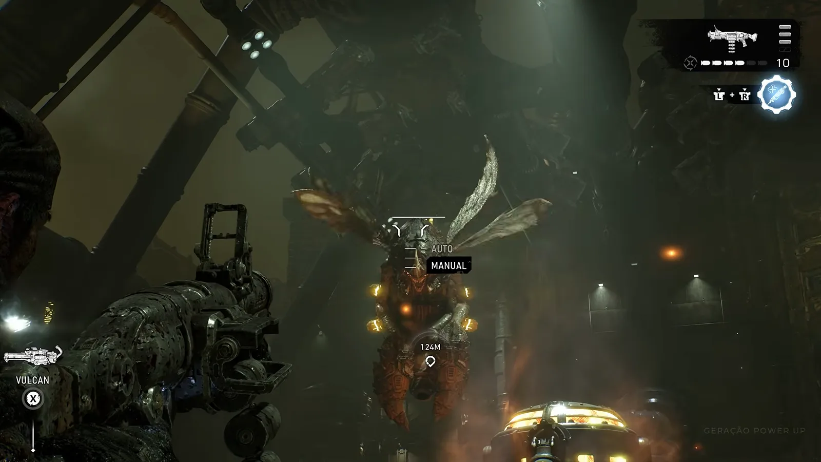 First-person aim tracking a winged Scoria mid-flight over the burning refinery with target markers locked on the airborne boss