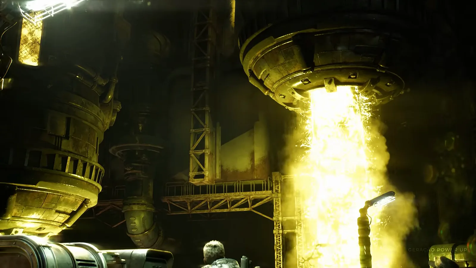 Golden Imulsion floods out of an overhead tank nozzle onto the refinery floor when the squad dumps the tanks during the Scoria fight