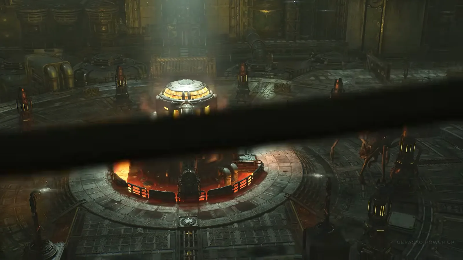 The Lightmass converter arena in Act 4 Chapter 6, a glowing refinery dome ringed by catwalks where the double Scoria fight takes place