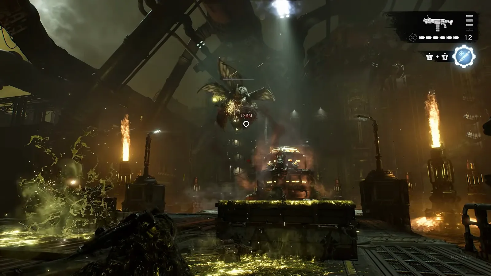A Scoria circles above the glowing Lightmass converter while an Imulsion geyser erupts on the left side of the refinery arena