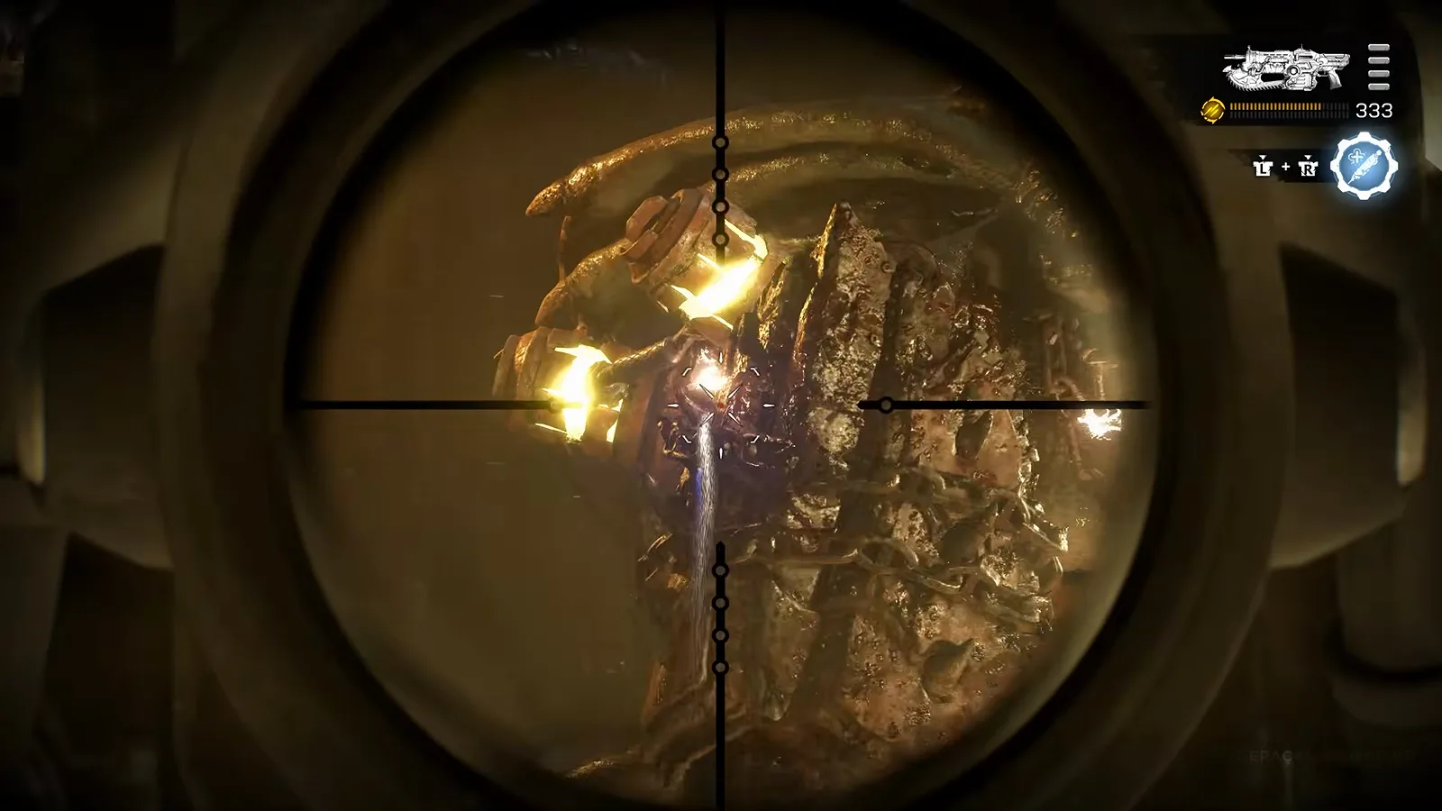A Gear crouches behind a metal container while a Scoria flies through flames above the refinery catwalks