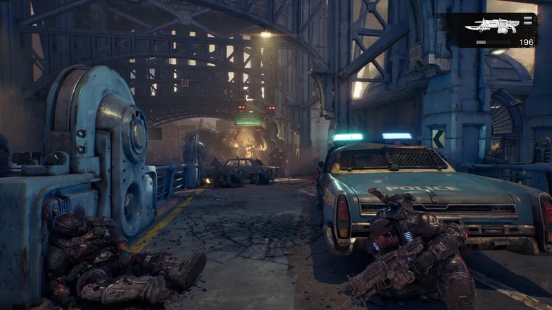 Three COG soldiers advance in line beneath a shattered overpass while a red-eyed Locust Boomer blocks the smoke-filled road ahead