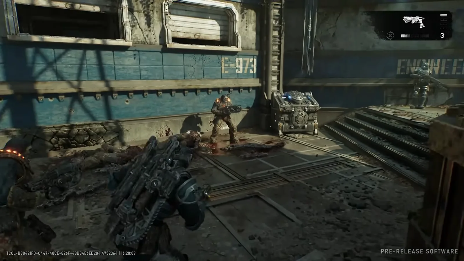Over-the-shoulder Striga aim at a distant Locust across a rail yard platform beside an ammo crate, with the STRIGA HUD icon showing three rounds in the magazine