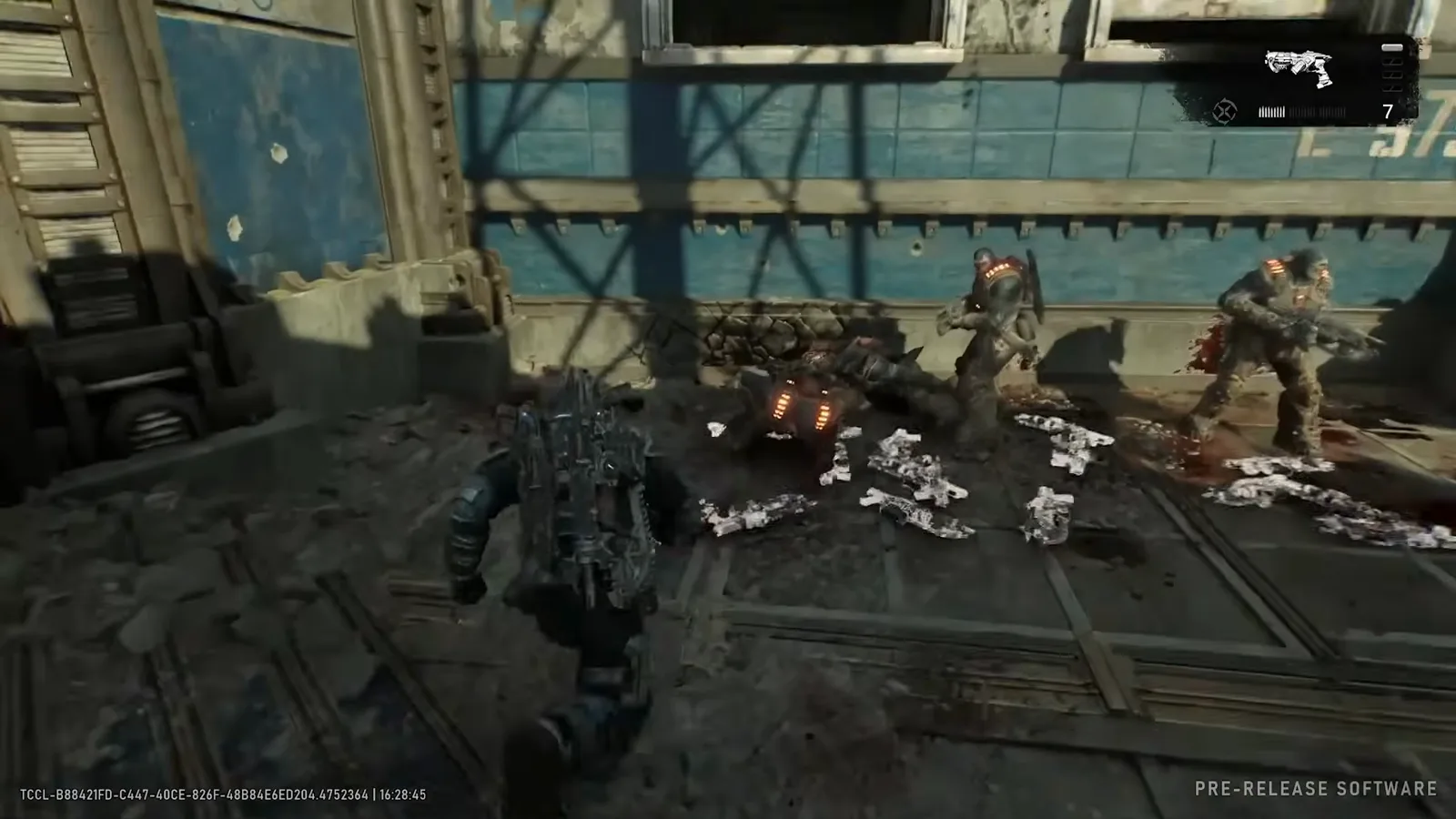 Striga burst connecting with two Locust drones across a bullet-scarred rail car, one target already downed and glowing with the second still standing
