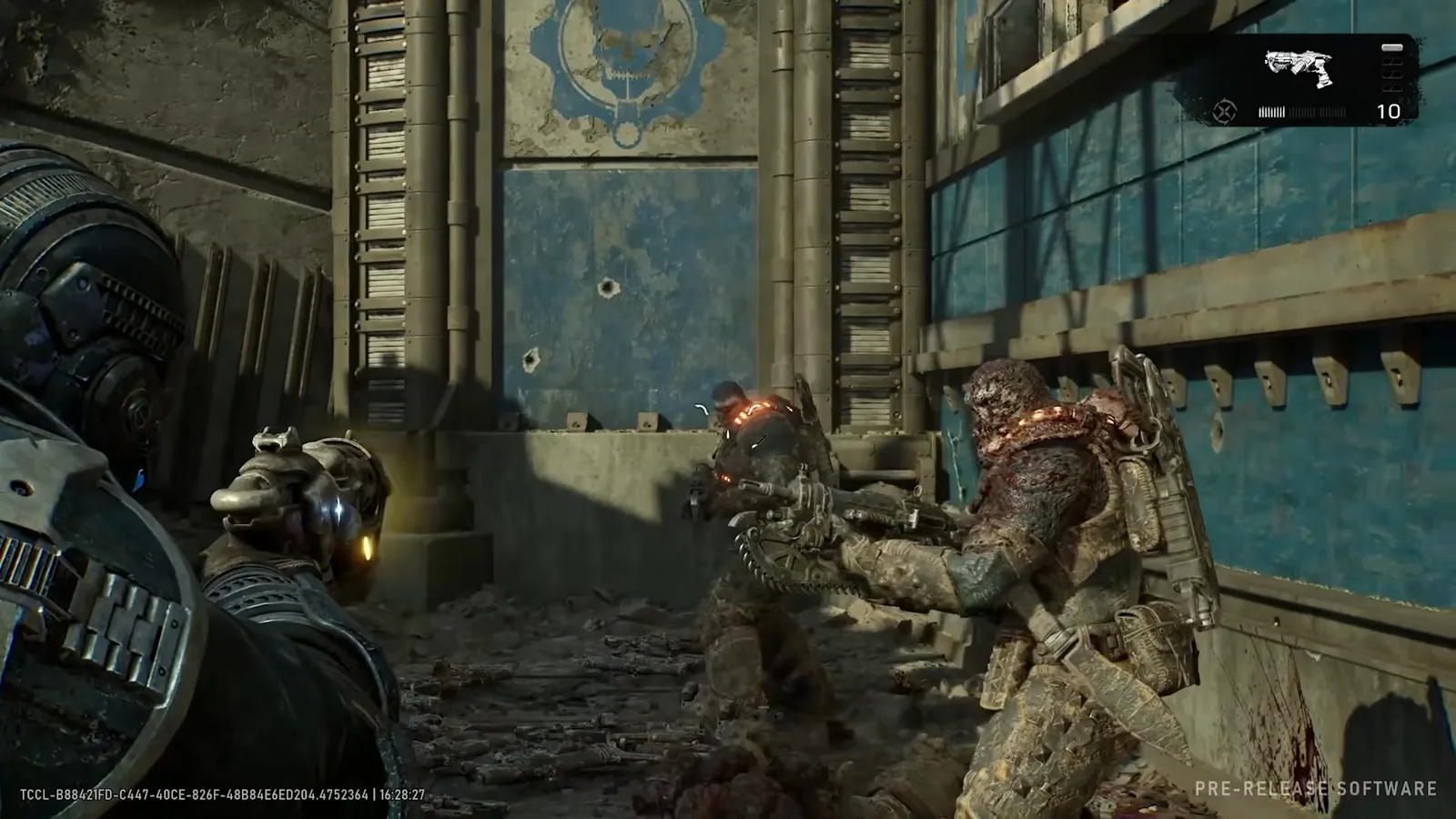 Two Locust drones lunging at point-blank range against a COG cover wall while the player's Striga muzzle flares in the corner of the frame