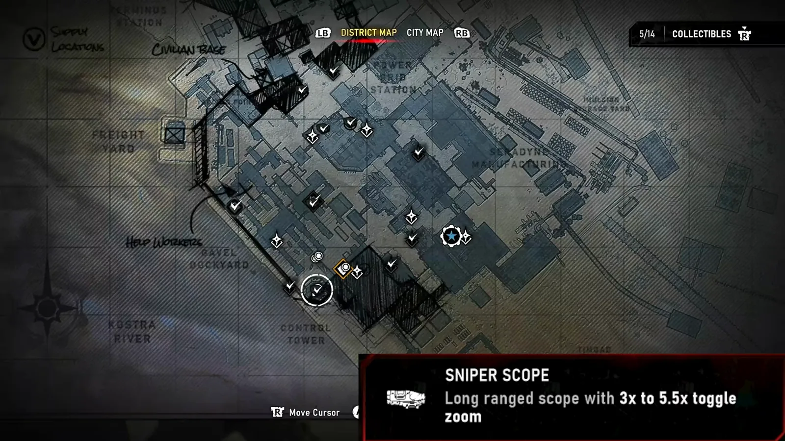 E-Day's city objective map open with the Collections tracker and checkmarked district markers guiding the Hard Case hunt